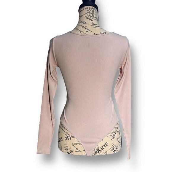 Victoria’s Secret M Mauve Ribbed Bodysuit Long Sleeve Tie Front Cutout Knit - Picture 10 of 10